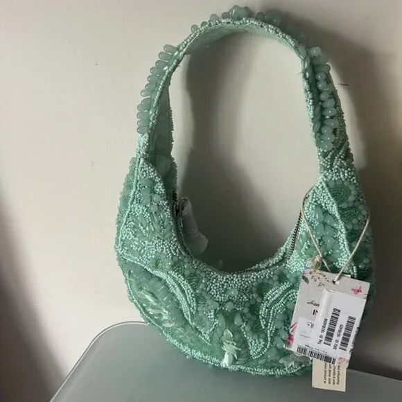 Viral Light Green Floral Beaded Shoulder Bag - Picture 5 of 6